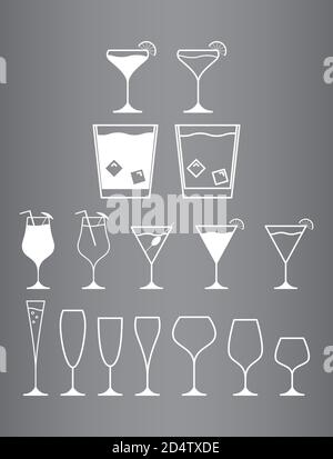 Un set di bicchieri piatti per bevande di cocktail alcolici, martini, Whisky con ghiaccio, vino, champagne, un mojito. Illustrazione Vettoriale