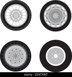 Set di pezzi di ricambio per auto. Una ruota con il pneumatico di un aspetto e tipo di dischi diversi. Illustrazione Vettoriale