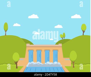 La costruzione della diga sul fiume.centrale idroelettrica per la produzione di energia. Illustrazione Vettoriale