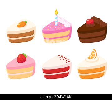 Set di diverse fette di torta. Dolce carino con frutta e cioccolato, torta di compleanno e carote, velluto rosso. Illustrazione vettoriale isolata. Illustrazione Vettoriale