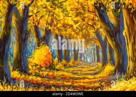 Strada nella foresta d'autunno, olio dipinto albero d'oro autunno in parco vicolo paesaggio naturale Foto Stock