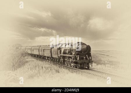 L'immagine è del Southern Railways Merchant Navy Class 6MT, 4-6-2, 35018, British India Line treno a vapore vicino Aisgill Summit nello Yorkshire Dales Foto Stock