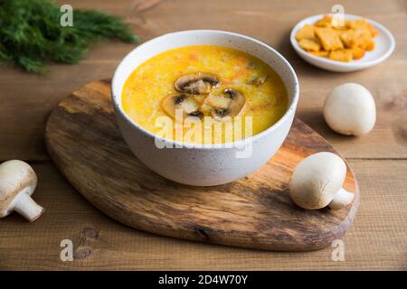 Deliziosa zuppa di champignon nel recipiente bianco con toast da vicino sul supporto in legno. I funghi interi e un mazzo di aneto verde fresco stanno mentendo nex Foto Stock