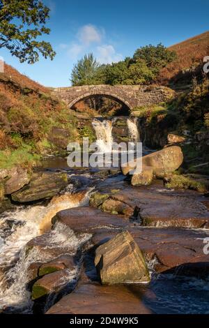 Regno Unito, Inghilterra, Staffordshire, Moorlands, Ax Edge Moor, Three Shires Head vecchio ponte in pietra a cavallo sul fiume Dane Foto Stock