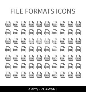 Icone vettoriali dei tipi di file. Set di icone formato file, pulsanti file. Illustrazione Vettoriale