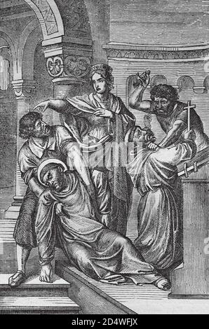 Martirio di San Kilian, incisione storica biblica in acciaio del 1860 Foto Stock