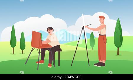 Artista persone dipingono illustrazione vettoriale. Cartoon uomo pittore personaggi tenendo pennelli, seduto, in piedi accanto a cavalletti, dipingere immagini di bel paesaggio natura estate. Arte hobby sfondo Illustrazione Vettoriale