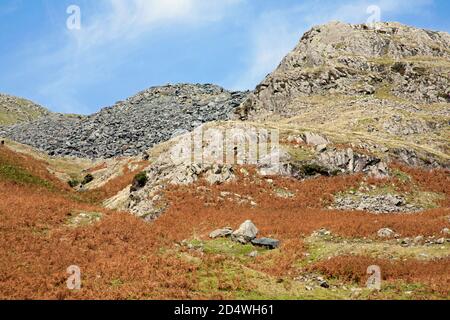 Bursting Stone Quarry e Timley Knott sulle pendici meridionali Del vecchio uomo di Coniston Coniston il Distretto dei Laghi Parco nazionale Cumbria Inghilterra Foto Stock