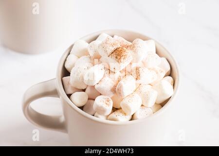 Primo piano tazza di cacao caldo con marshmallows su sfondo chiaro. Foto Stock