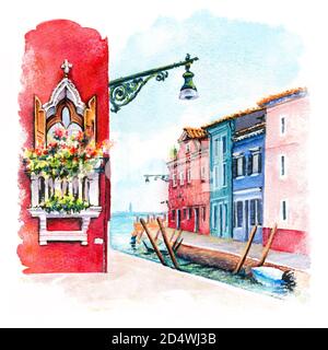 Canale e case luminose sull'isola di Burano, Venezia, Italia. Disegno digitale come acquerello Foto Stock