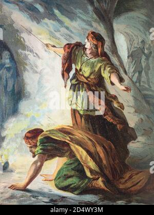 Saul e la strega di Endor, negromante, 1 Samuele della Bibbia, chromolithpraph da una bibbia domestica, 1870 Foto Stock