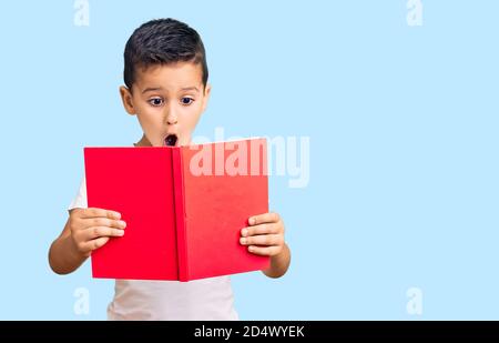 Bambino piccolo cute del ragazzo che legge un libro spaventato e stupito con la bocca aperta per sorpresa, faccia di incredulità Foto Stock