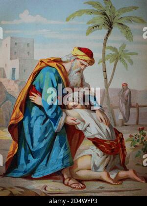 Il figlio prodigo, parabola biblica del Vangelo di Luca, chromolithpraph da una bibbia domestica, 1870 Foto Stock
