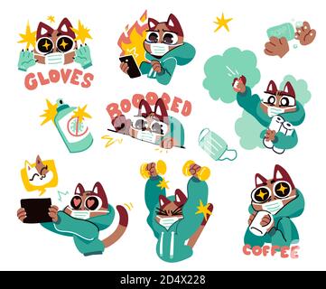 Gatto in maschera medica contro il coronavirus. Adesivi di concetto di isolamento e di auto-quarantena. Illustrazione vettoriale Illustrazione Vettoriale