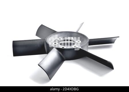 girante, ventola del radiatore, ventola del sistema di raffreddamento del motore dell'auto, parti dell'auto, primo piano su sfondo bianco Foto Stock