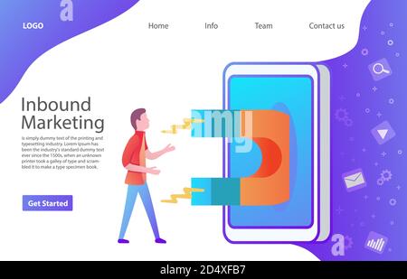 Inbound marketing attrarre clienti online. Magnet attrae il ragazzo dei giovani nello smartphone. Illustrazione Vettoriale