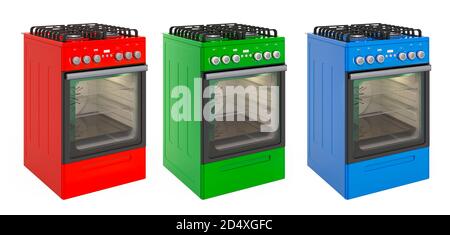 Gamme di gas colorate con forno, vista laterale. Rendering 3D isolato su sfondo bianco Foto Stock