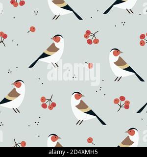 Bellissimo motivo natalizio senza giunture con uccelli di bacca d'oro e bacche di rowan. Carino design invernale scandinavo per scrapbooking, carta regalo Illustrazione Vettoriale