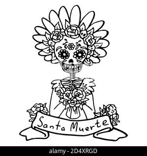 Scheletro donna Calavera su sfondo bianco isolato. Testo Santa muerte per invito o carta regalo, taccuino, tegola da bagno, album. Custodia o panno per telefono Illustrazione Vettoriale