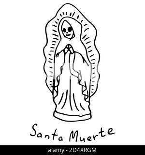 Statua della donna morta su sfondo bianco isolato. Santa muerte statuette per invito o carta regalo, taccuino, tegola da bagno, album. Custodia o panno per telefono Illustrazione Vettoriale