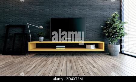 Spazio tv dal design minimalista per uffici o case moderni. Idea di design pensato con parete in mattoni neri, cornici fotografiche, lampada da tavolo e rendering 3D delle piante Foto Stock