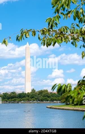 Il monumento di Washington visto attraverso il bacino di Tidal a Washington D.C. Foto Stock