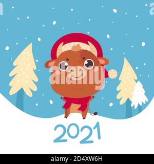 Carino bue cartoon su un paesaggio invernale Illustrazione Vettoriale