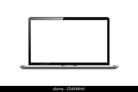 Mockup realistico su sfondo bianco. Concetto di lavoro remoto. Notebook con schermo bianco. Computer con display vuoto. Formazione a distanza. Vettore Illustrazione Vettoriale