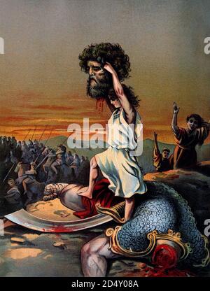 1020 BCE c. , ISRAELE : il RE ebraico DAVIDE ( 1010 c.- 970 a.C. ) con la testa decapitata del gigante GOLIA. Davide era l'autore dei salmi ed è descritto nella Bibbia ebraica come il 3° re della monarchia unita d'Israele e di Giuda. Illustrazione litografica , pubblicatasi nel libro ' Sweet stories of God ' di Josephine Pollard ( 1899 ) . Gesù Cristo è descritto come disceso da Davide nei Vangeli di Matteo e Luca . - NOBILITY - NOBILI - RE DAVIDE - GIGANTE GOLIA - ISRAELE - VECCHIO TESTAMENTO - VECCHIO TESTAMENTO - BIBBLIA - BIBBLE - EBREO - POPOLO EBRAICO - ILLUSTRAZIONE - ILLUSTRATI Foto Stock