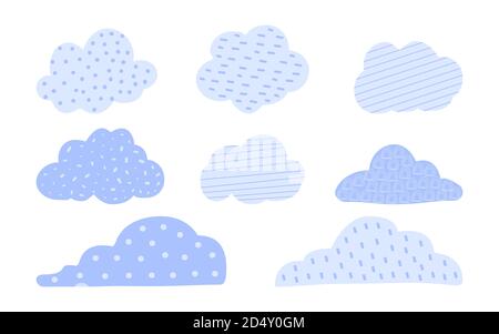 Simpatico set di nubi blu. Raccolta monocromatica di nuvole decorative disegnate a mano con punti circolari, punti, linee. Elemento di design ideale per i bambini biglietti d'auguri di sfondo o vestiti illustrazione vettoriale Illustrazione Vettoriale