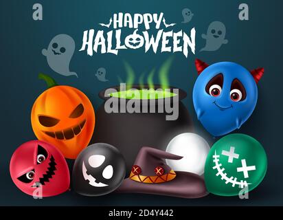 Design vettoriale Halloween. Allegro testo halloween con elementi horror balloon con personaggi spaventosi volti come diavolo, fantasma, demone e zucca. Illustrazione Vettoriale