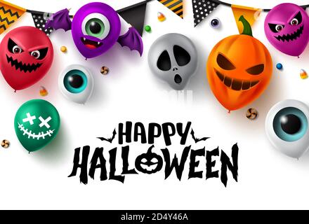 Happy halloween sfondo vettore banner design. Happy halloween testo con palloncini colorati elemento in faccia spaventosa come zucca, bulbo oculare, pipistrello. Illustrazione Vettoriale