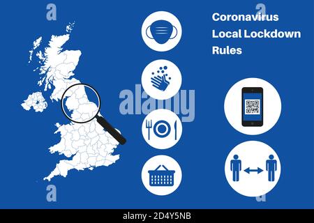 Infografica del vettore di sistema a tre livelli di Lockdown locale del Regno Unito su sfondo blu. Illustrazione Vettoriale