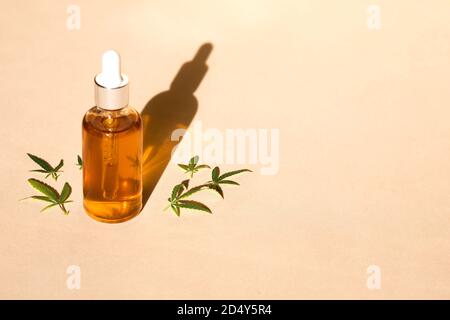 Bottiglia di vetro e olio di contagocce CBD, tintura THC e foglie di cannabis su sfondo pastello. Produzione di cosmetici in laboratorio con olio CBD. Foto Stock