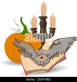 Halloween zucca jack, candelabro vintage e gufo con lettera. Composizione per Halloween isolato su sfondo bianco Illustrazione Vettoriale