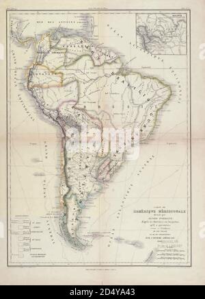 Antica mappa del XIX secolo del Sud America dal libro 'Voyage dans l'Amérique Méridionale' [viaggio in Sud America: (Brasile, repubblica orientale dell'Uruguay, Repubblica argentina, Patagonia, repubblica del Cile, repubblica di Bolivia, repubblica del Perù), eseguito negli anni 1826 - 1833] Atlante di: Orbigny, Alcide Dessalines d', d'Orbigny, 1802-1857; Montagne, Jean François Camille, 1784-1866; Martius, Karl Friedrich Philipp von, 1794-1868 pubblicato Parigi :Chez Pitois-Levrault. Pubblica a Parigi nel 1846-1847 Foto Stock