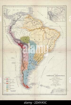 Antica mappa del XIX secolo del Sud America dal libro 'Voyage dans l'Amérique Méridionale' [viaggio in Sud America: (Brasile, repubblica orientale dell'Uruguay, Repubblica argentina, Patagonia, repubblica del Cile, repubblica di Bolivia, repubblica del Perù), eseguito negli anni 1826 - 1833] Atlante di: Orbigny, Alcide Dessalines d', d'Orbigny, 1802-1857; Montagne, Jean François Camille, 1784-1866; Martius, Karl Friedrich Philipp von, 1794-1868 pubblicato Parigi :Chez Pitois-Levrault. Pubblica a Parigi nel 1846-1847 Foto Stock