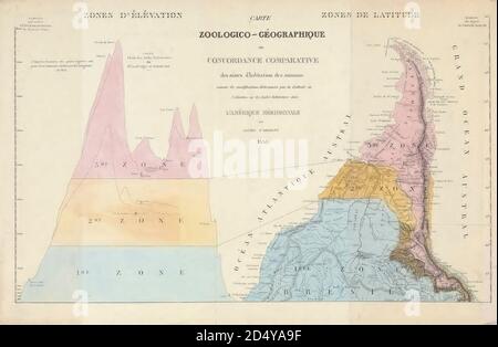 Antica mappa geografica del XIX secolo del Sud America dal libro 'Voyage dans l'Amérique Méridionale' [viaggio in Sud America: (Brasile, repubblica orientale dell'Uruguay, Repubblica argentina, Patagonia, repubblica del Cile, repubblica di Bolivia, repubblica del Perù), eseguito negli anni 1826 - 1833] Atlante di: Orbigny, Alcide Dessalines d', d'Orbigny, 1802-1857; Montagne, Jean François Camille, 1784-1866; Martius, Karl Friedrich Philipp von, 1794-1868 pubblicato Parigi :Chez Pitois-Levrault. Pubblica a Parigi nel 1846-1847 Foto Stock