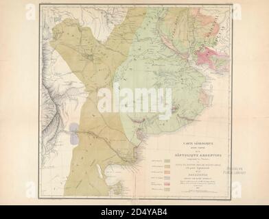 Antica mappa geologica del XIX secolo dell'Argentina [Argentina] dal libro 'Voyage dans l'Amérique Méridionale' [viaggio in Sud America: (Brasile, repubblica orientale dell'Uruguay, Repubblica argentina, Patagonia, repubblica del Cile, repubblica di Bolivia, repubblica del Perù), eseguito negli anni 1826 - 1833] Atlante di: Orbigny, Alcide Dessalines d', d'Orbigny, 1802-1857; Montagne, Jean François Camille, 1784-1866; Martius, Karl Friedrich Philipp von, 1794-1868 pubblicato Parigi :Chez Pitois-Levrault. Pubblica a Parigi nel 1846-1847 Foto Stock