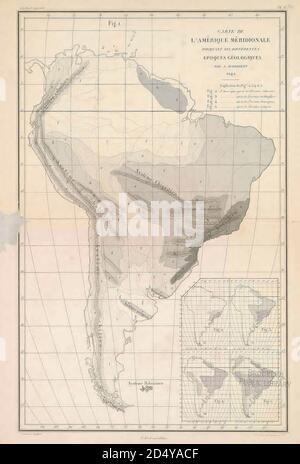 Antica mappa geologica del XIX secolo del Sud America dal libro 'Voyage dans l'Amérique Méridionale' [viaggio in Sud America: (Brasile, repubblica orientale dell'Uruguay, Repubblica argentina, Patagonia, repubblica del Cile, repubblica di Bolivia, repubblica del Perù), eseguito negli anni 1826 - 1833] Atlante di: Orbigny, Alcide Dessalines d', d'Orbigny, 1802-1857; Montagne, Jean François Camille, 1784-1866; Martius, Karl Friedrich Philipp von, 1794-1868 pubblicato Parigi :Chez Pitois-Levrault. Pubblica a Parigi nel 1846-1847 Foto Stock