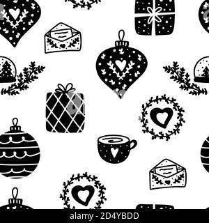 Natale decori di doodle nero monocromatico modello senza giunture isolato su sfondo bianco. Illustrazione vettoriale in stile scandinavo. Illustrazione Vettoriale
