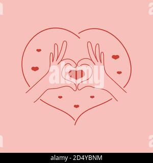 Illustrazione d'amore in linea trendy stile cuore fatto con le dita Concetto di auto-cura Illustrazione Vettoriale
