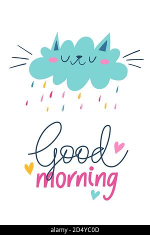 Poster vettoriale con divertente gatto nuvola e buona citazione del mattino. Illustrazione Vettoriale