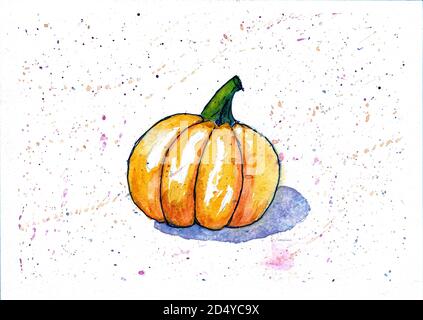 Illustrazione di zucca arancione disegnata su carta acquerello. Autunno ancora vita. Pittura ad acquerello disegnata a mano. Schizzo. Spazio di copia. Vendemmia autunnale Foto Stock