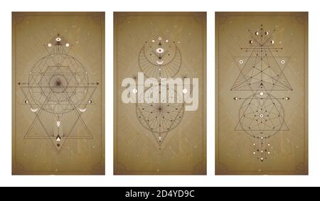 Insieme vettoriale di tre sfondi vintage con simboli geometrici e fotogrammi. Simboli geometrici astratti e segni mistici sacri disegnati in linee. In seppia Illustrazione Vettoriale
