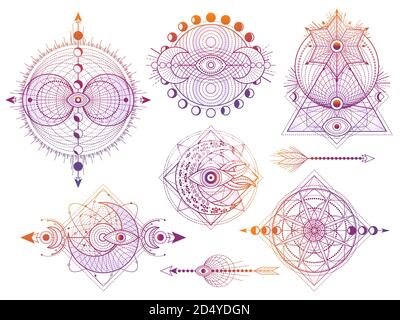 Insieme vettoriale di simboli di geometria Sacra con luna, sole, occhio e frecce su sfondo bianco. Collezione di segni mistici astratti. Forme lineari colorate. Per Illustrazione Vettoriale