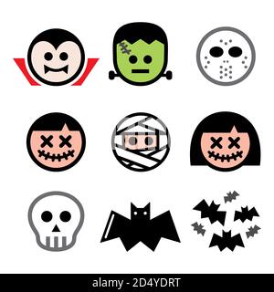 Set di design per personaggi vettoriali Halloween - Dracula, mummia, Frankenstein icone cranio Illustrazione Vettoriale