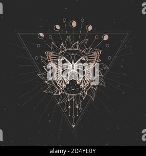 Illustrazione vettoriale con farfalla disegnata a mano e simbolo geometrico Sacro su sfondo nero vintage. Segno mistico astratto. Forma lineare in oro. Per Yo Illustrazione Vettoriale