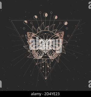 Illustrazione vettoriale con farfalla disegnata a mano e simbolo geometrico Sacro su sfondo nero vintage. Segno mistico astratto. Forma lineare in oro. Per Yo Illustrazione Vettoriale