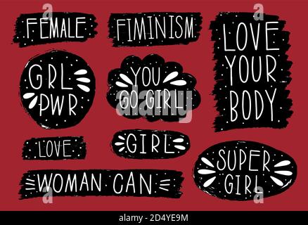 Raccolta disegnata a mano comunica il discorso del femminismo. Design elemento slogan doodle messaggio di business. Illustrazione Vettoriale